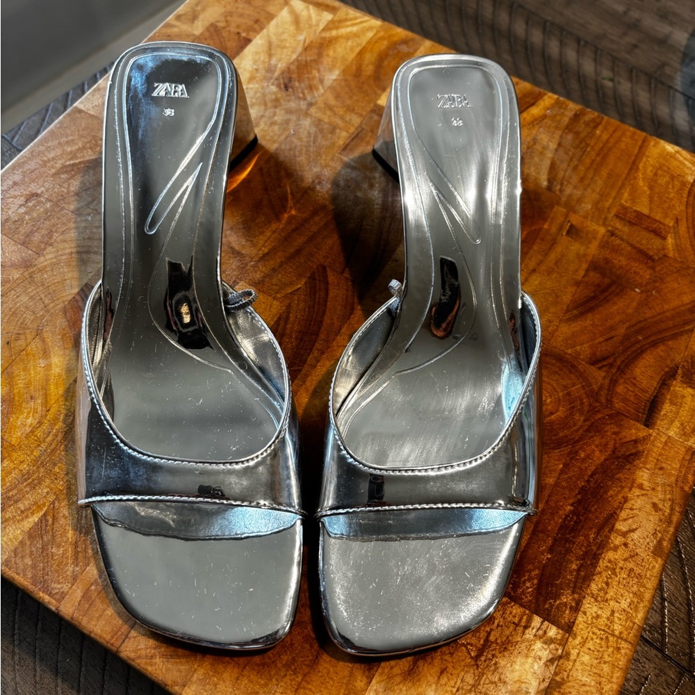 Zara Metallic Block Heel Mules/Sandals
